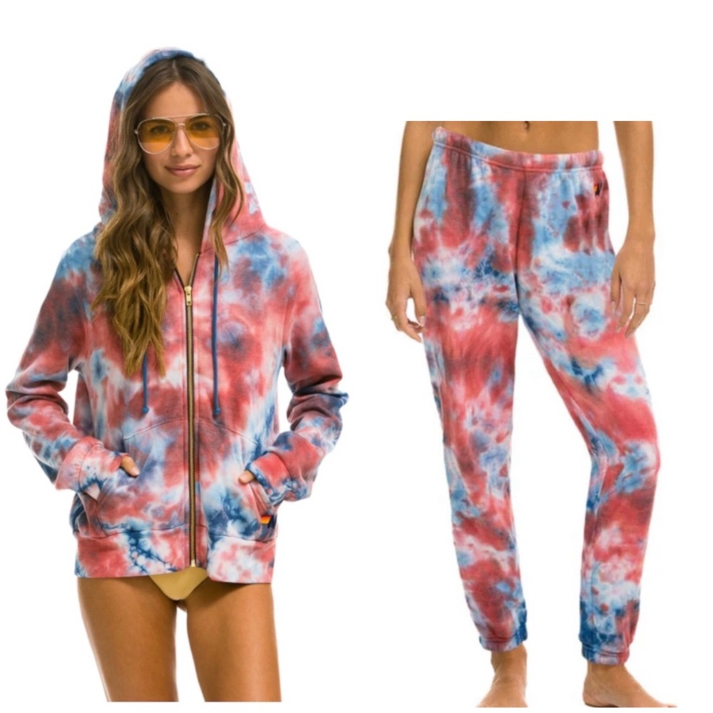 Aviator Nation Red and Blue hand Tie-Dye Track Suit Set - Top (XS) pant (S) - Picture 1 of 15